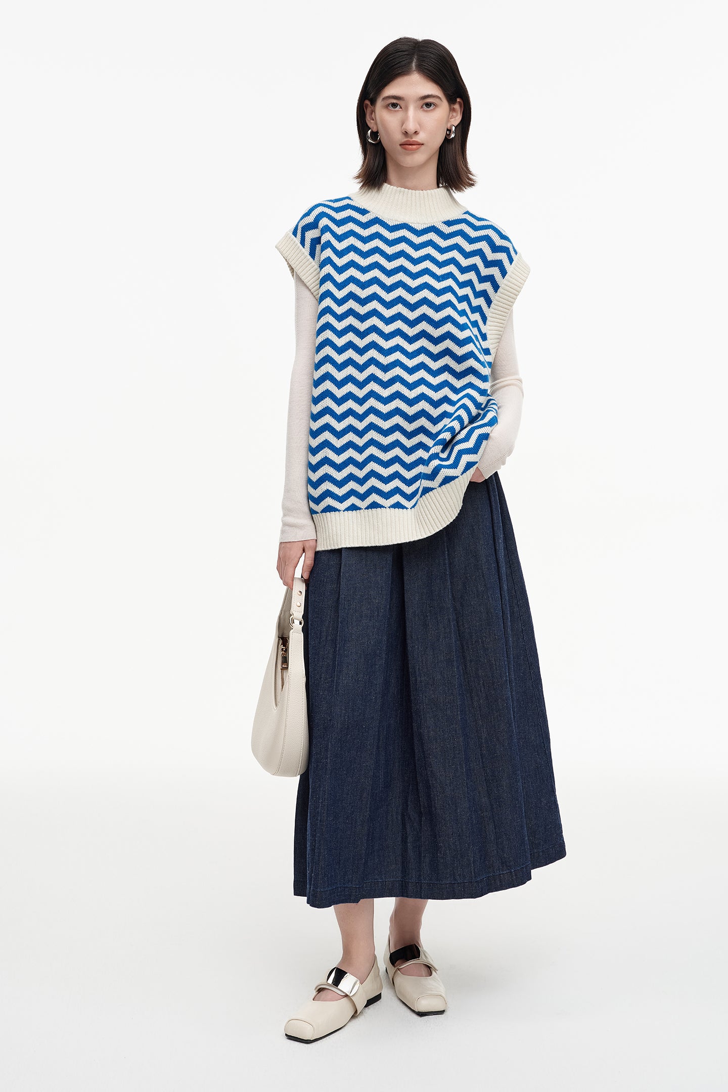 Cotton and linen blend raw cowboy style vest and denim skirt