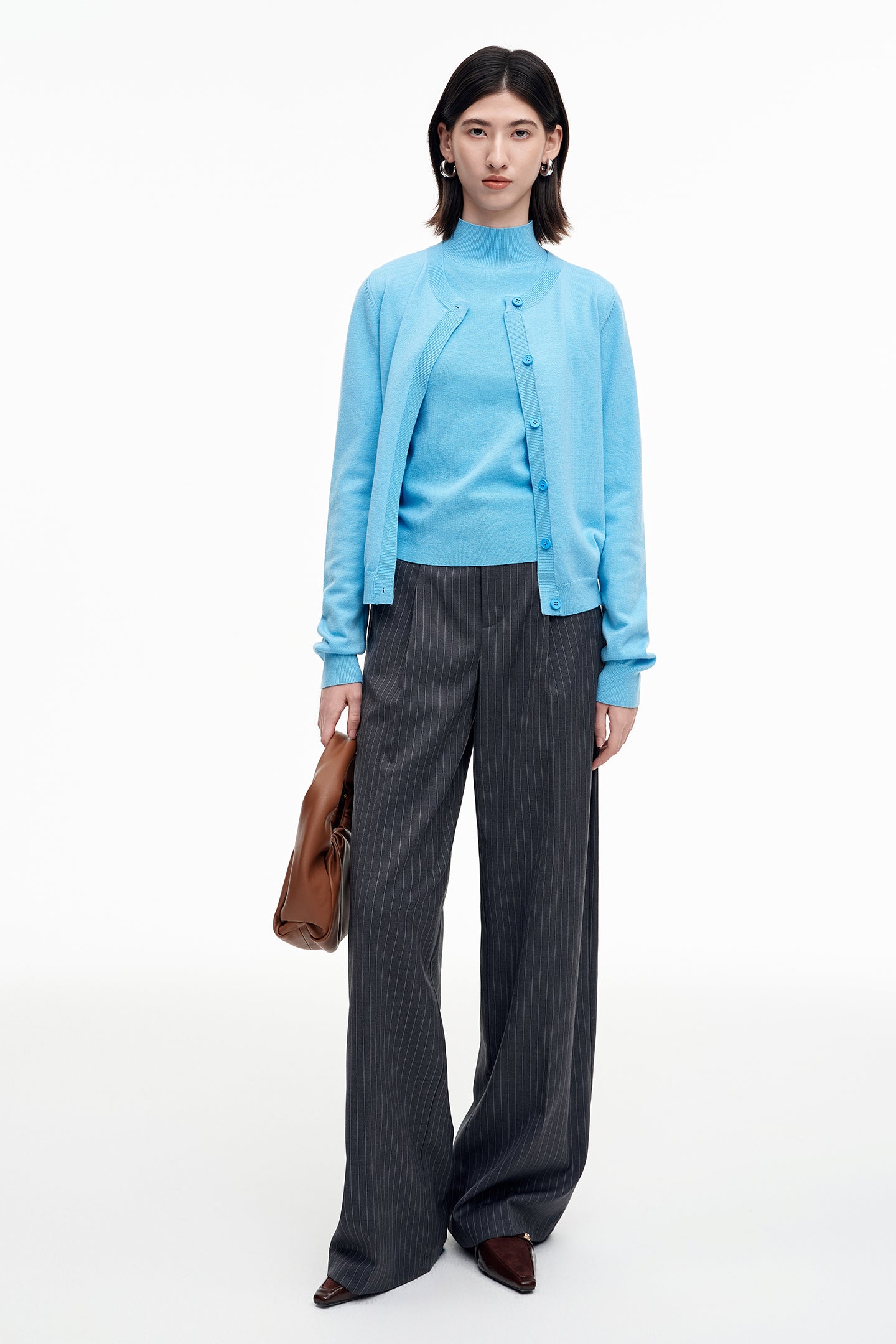 Sheep wool blend classic round neck knitted bottoming shirt + cardigan set