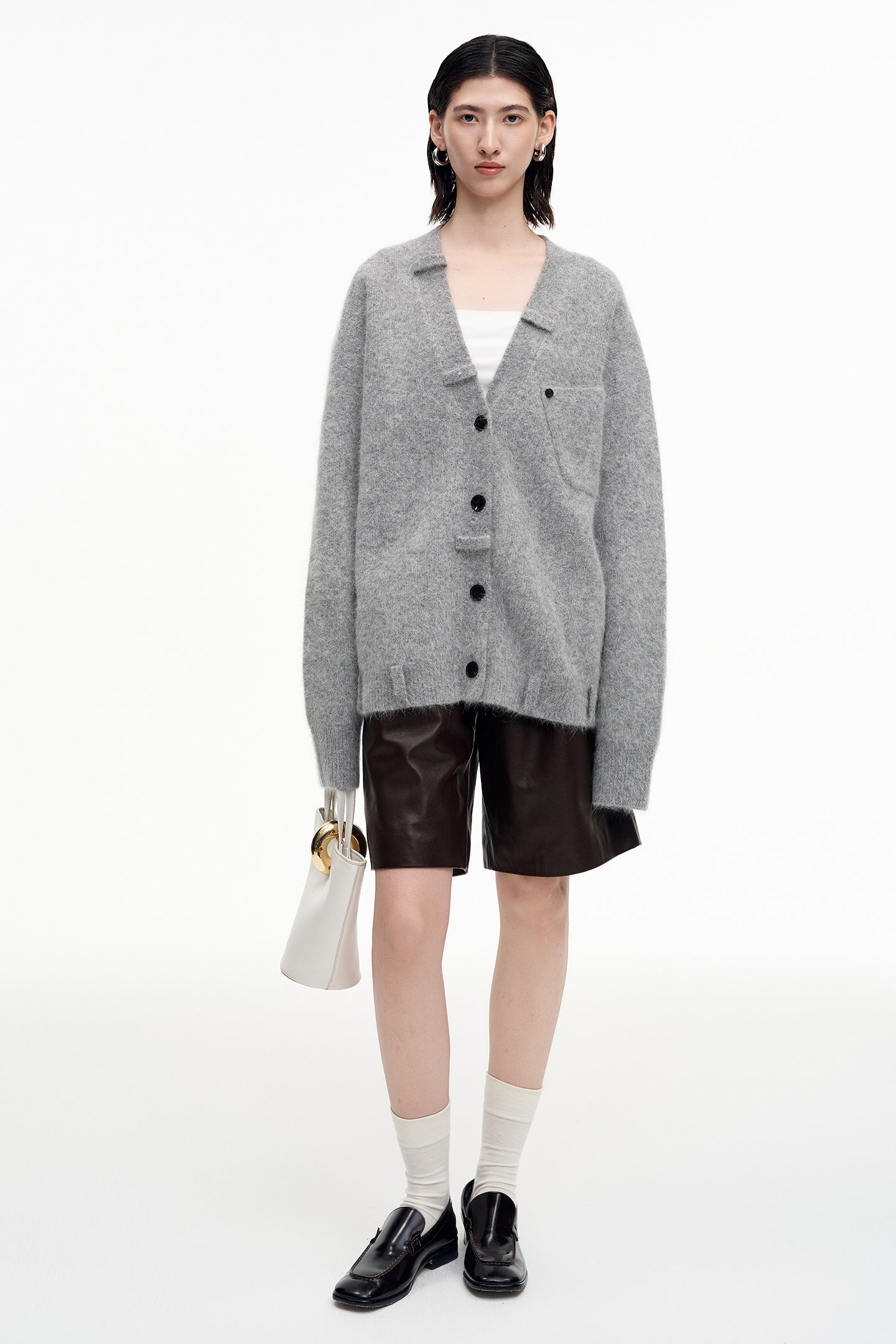 SELFWHO Angora rabbit hair and wool blend gray V-neck knitted cardigan