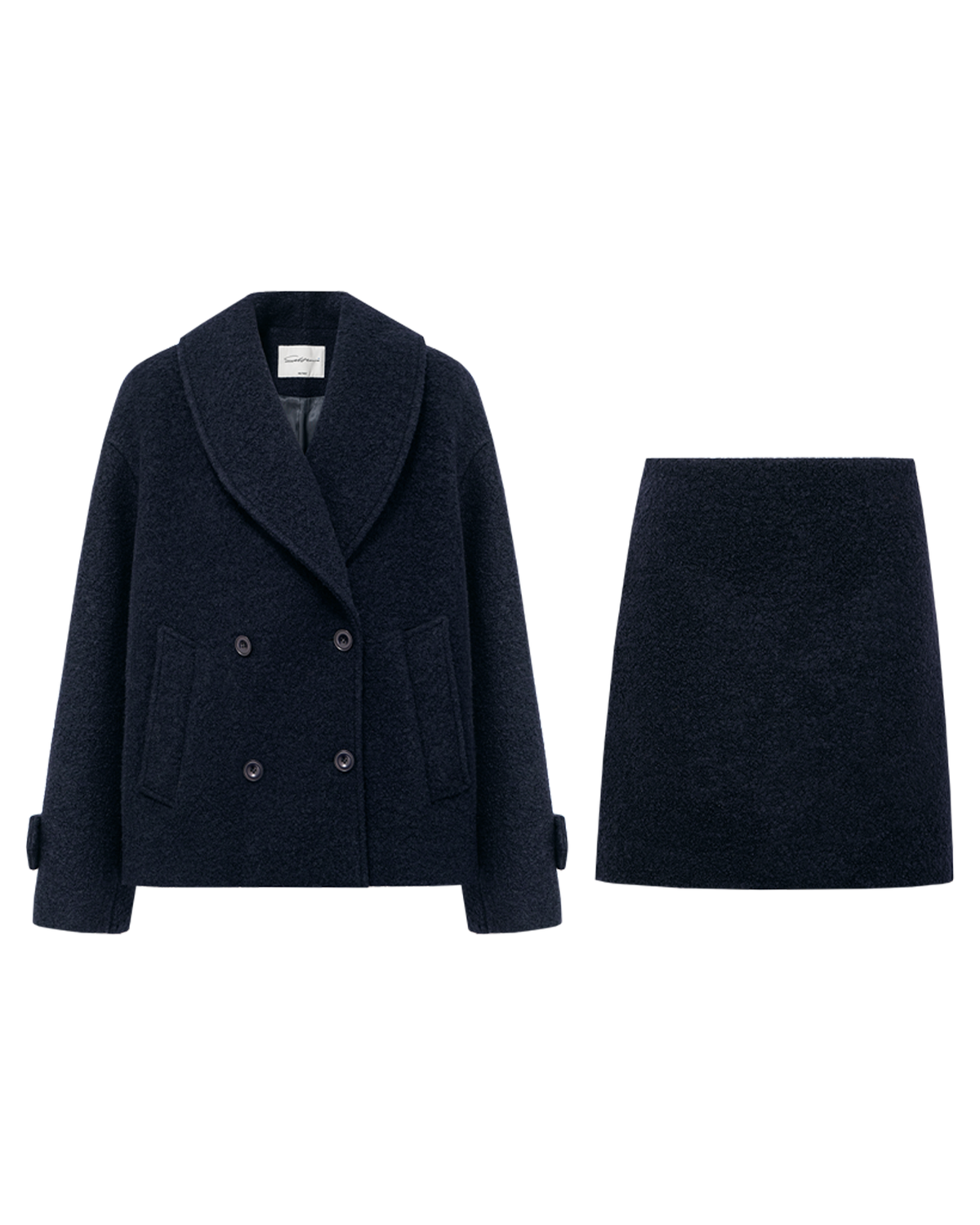 Shawl-Collar Double-Breasted Coat & A-Line Skirt Set
