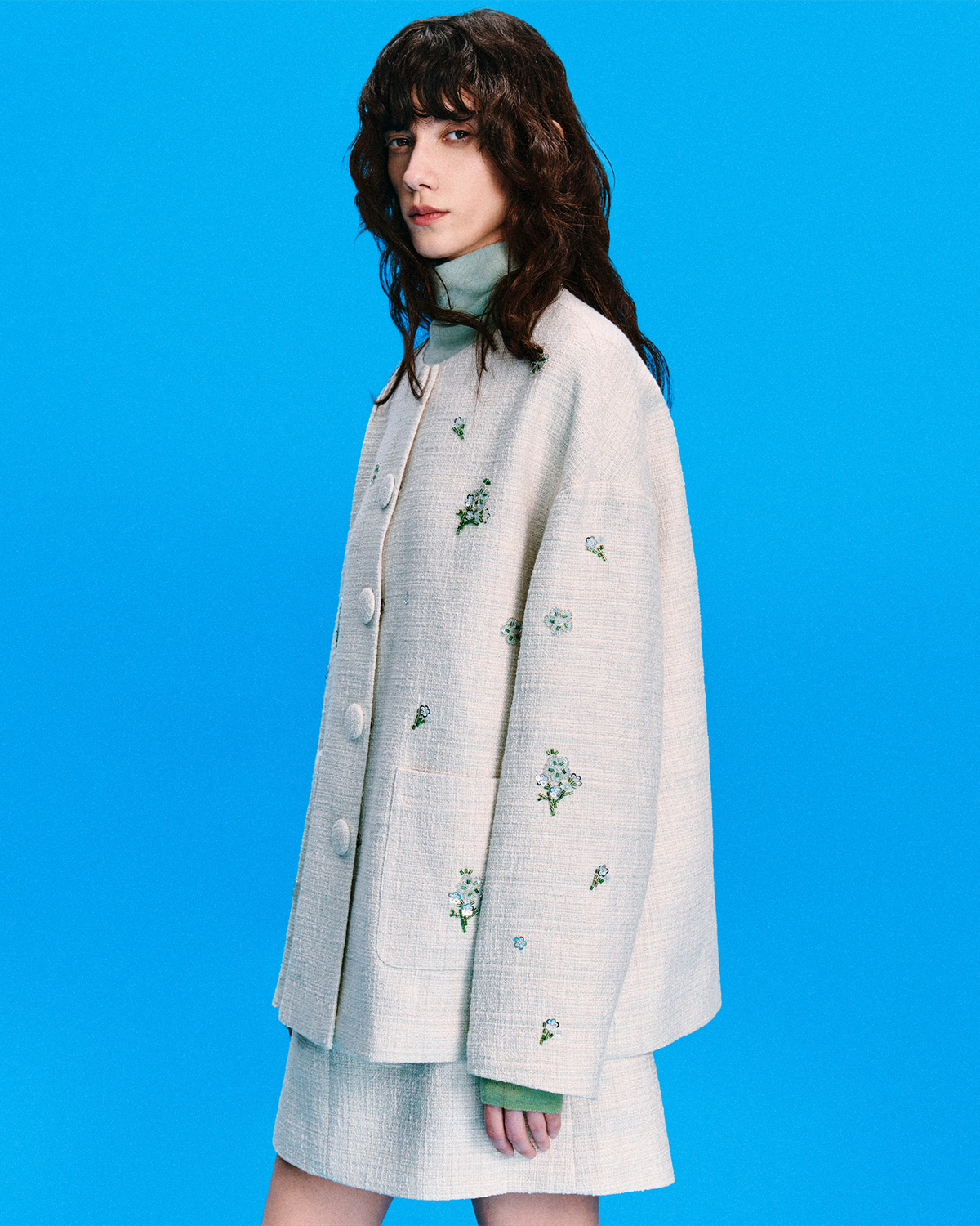 Meconopsis-Embroidered Tweed Coat & Skirt Set – Wool Blend
