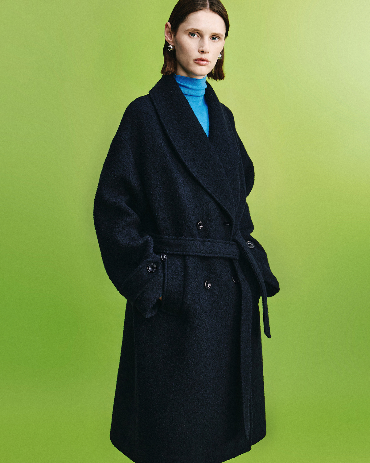 Shawl-Collar Double-Breasted Wool Coat – Long