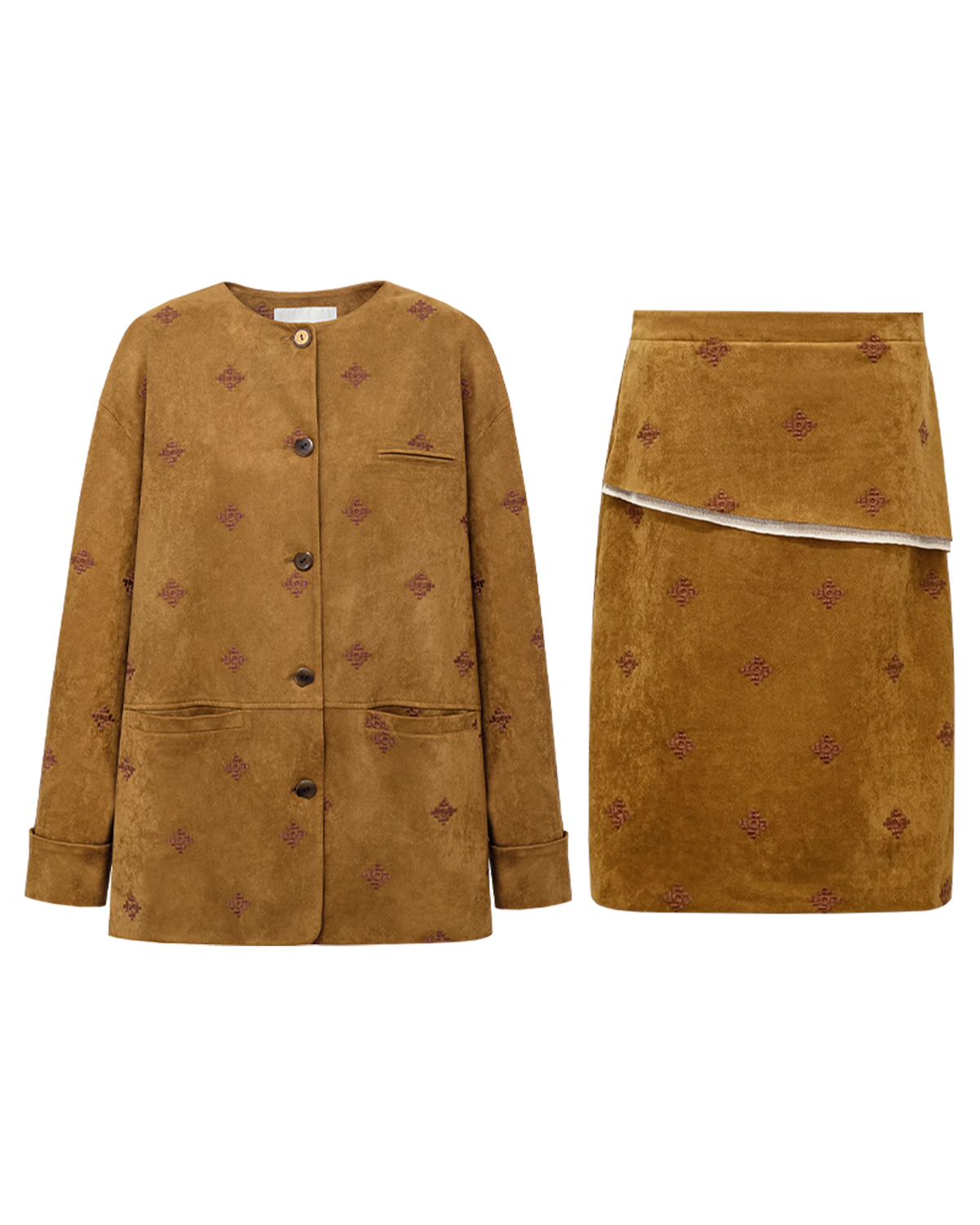 Embroidered Suede Blazer & Skirt Set