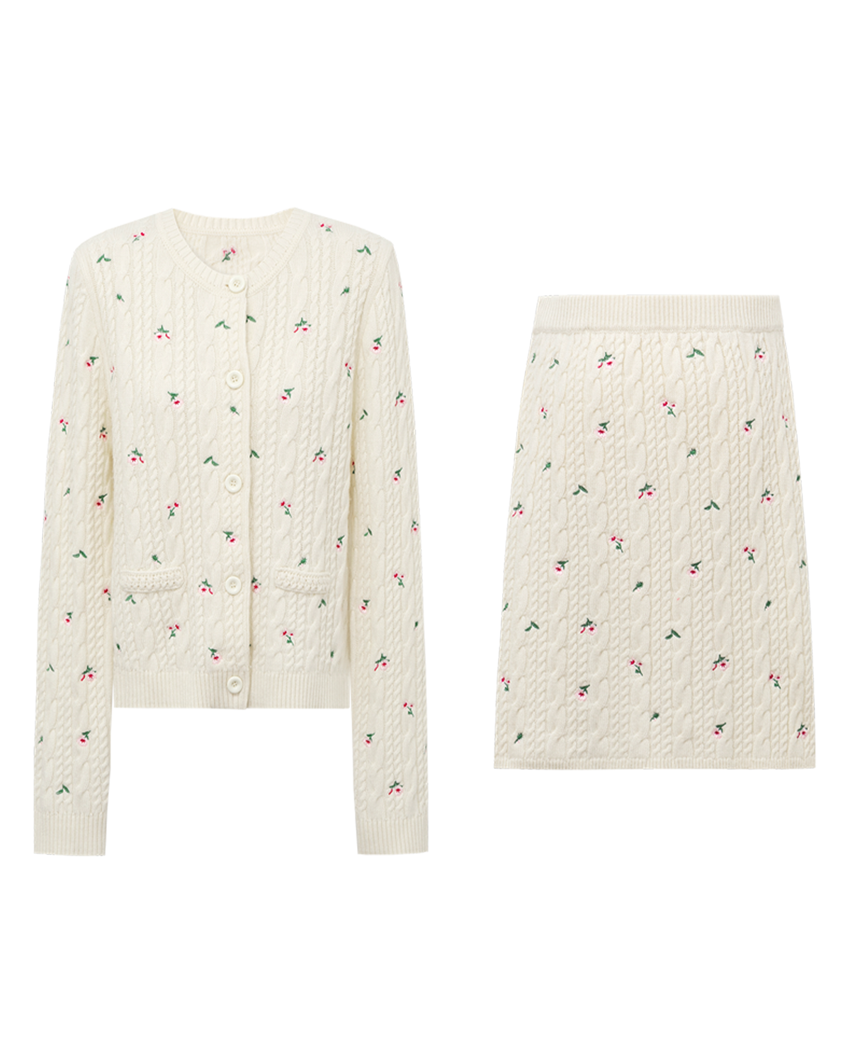 Meconopsis Floral Cable-Knit Cardigan & Skirt Set
