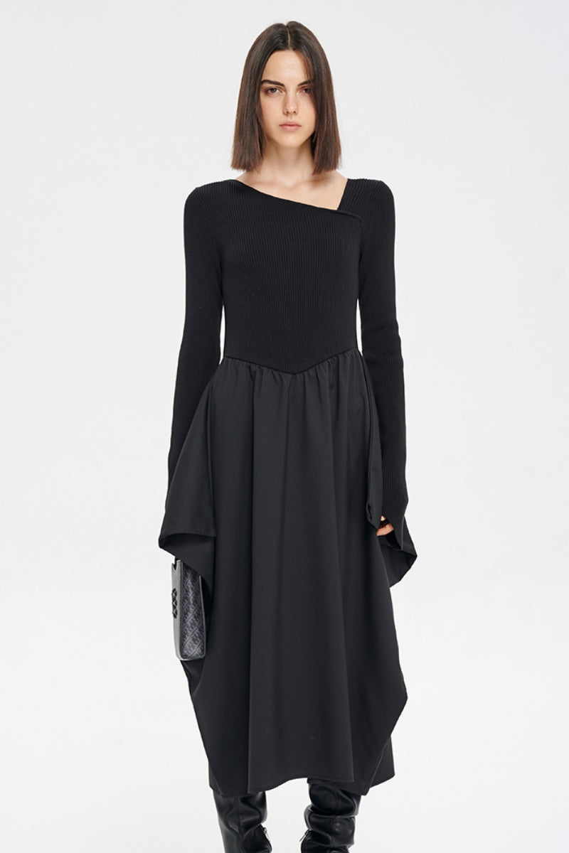SELFWHO Knitted patchwork dress women's asymmetrical bevel neckline dress