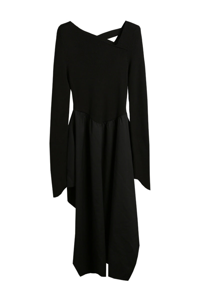 SELFWHO Knitted patchwork dress women's asymmetrical bevel neckline dress