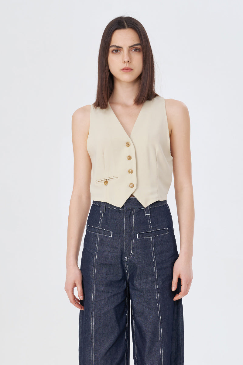 SELFWHO Short waist slimming niche off-white sleeveless vest
