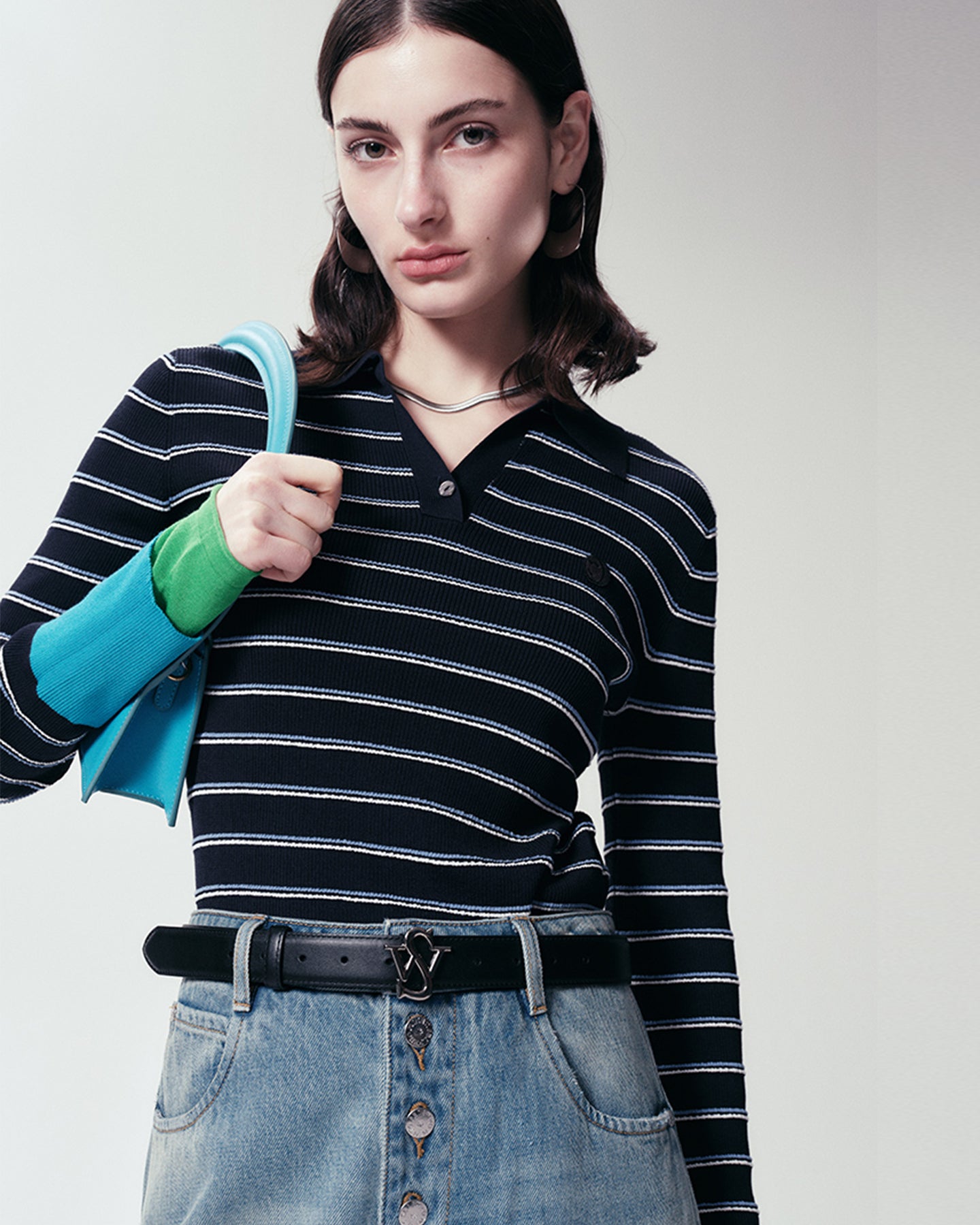 Black Striped Polo Shirt Slim Fit V-Neck Bottoming Shirt