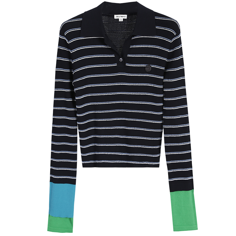 Black Striped Polo Shirt Slim Fit V-Neck Bottoming Shirt