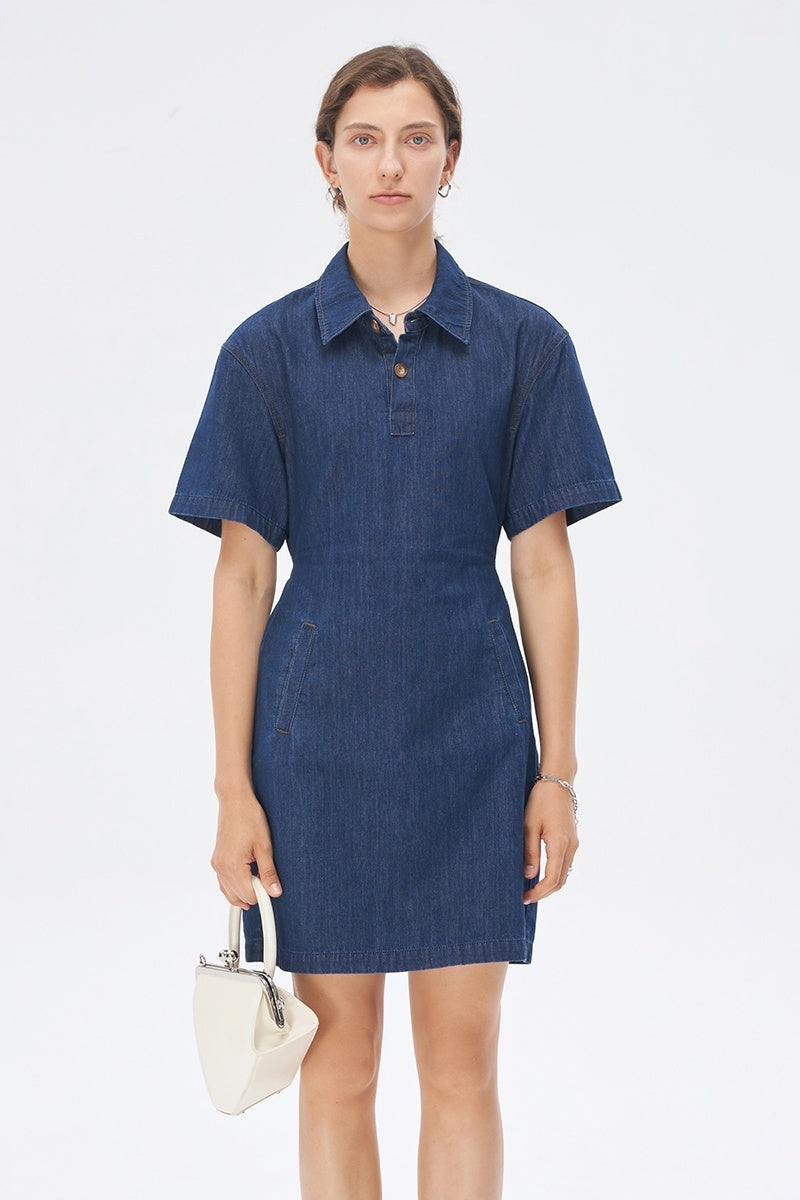 Navy blue cotton denim dress