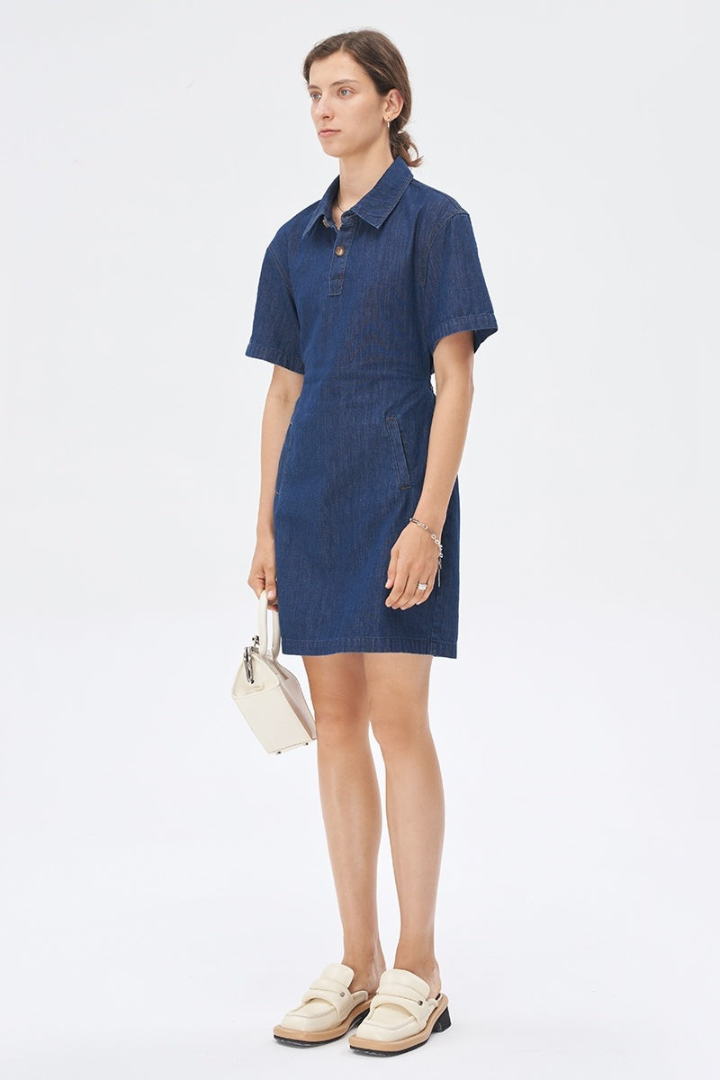 Navy blue cotton denim dress