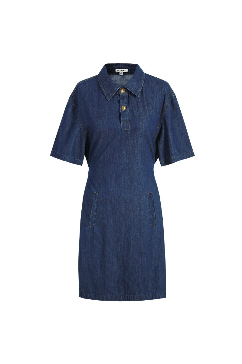Self Who navy blue cotton denim dress