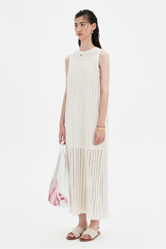SELFWHO Apricot Sleeveless Round Neck Loose Dress