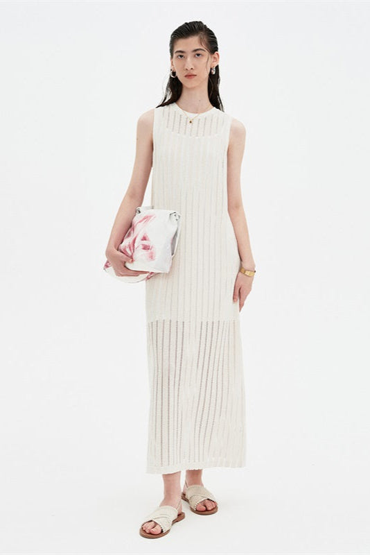 SELFWHO Apricot Sleeveless Round Neck Loose Dress