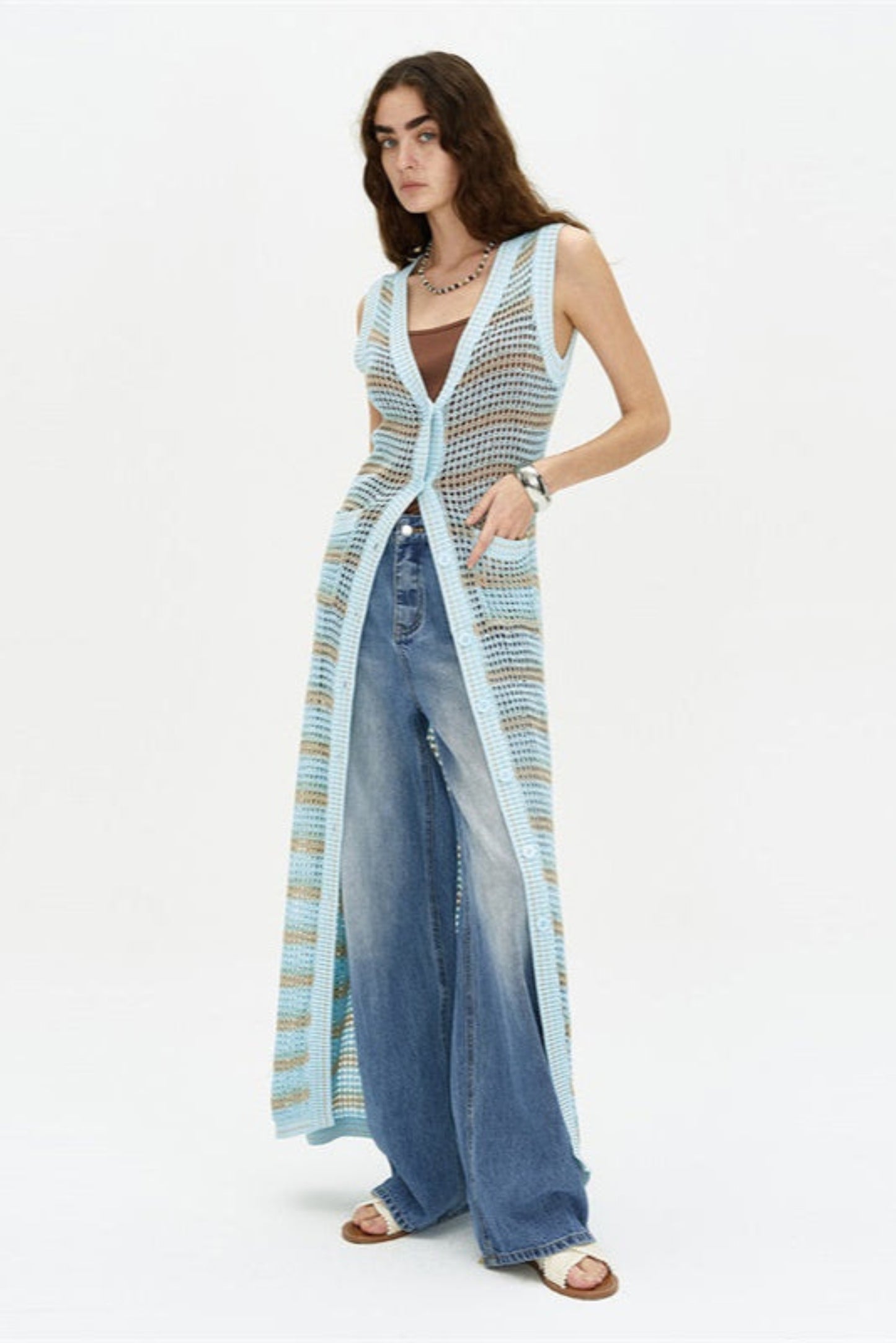 Knitted Cardigan V-neck Seaside Holiday Long Dress