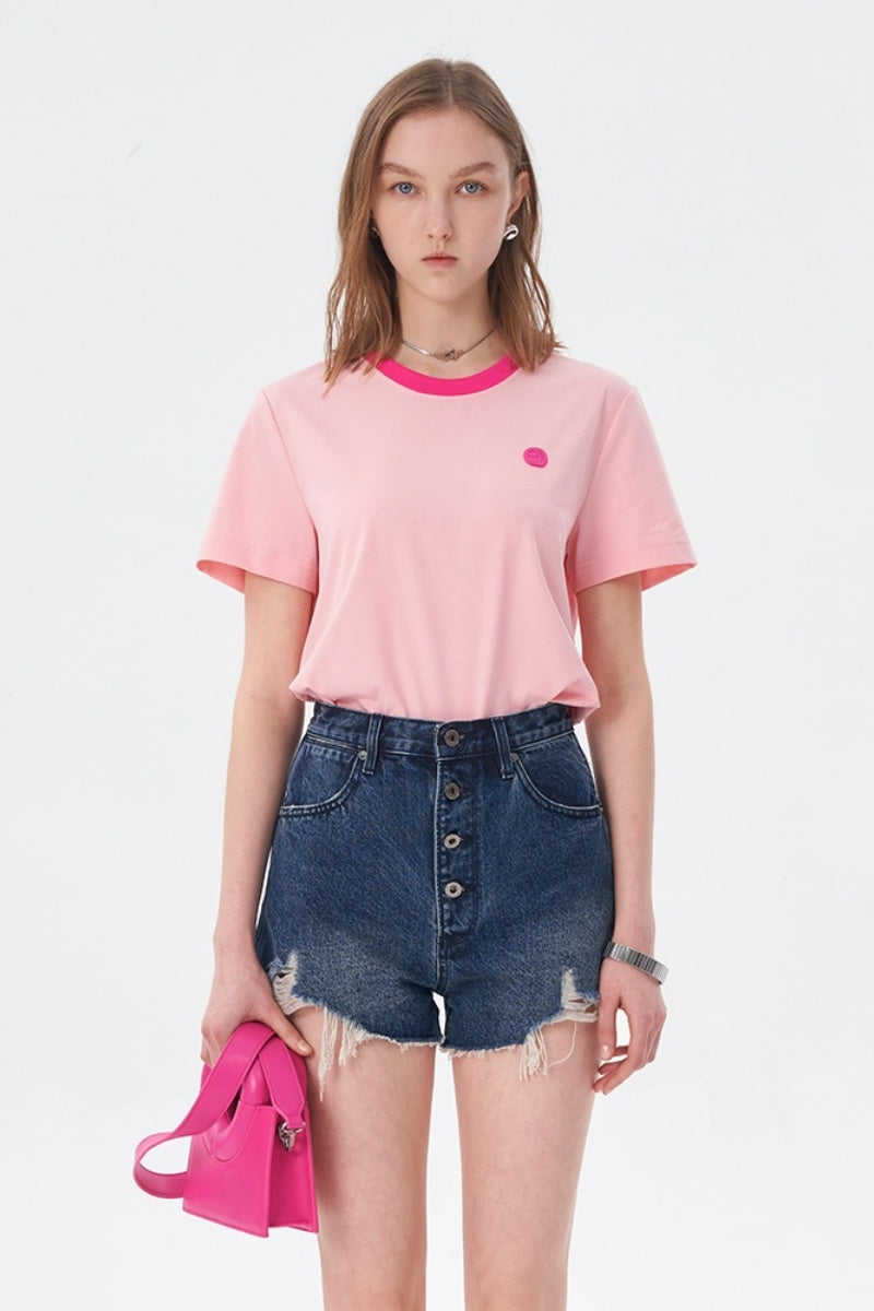 SELFWHO Pink Slim Design Short-Sleeved T-Shirt