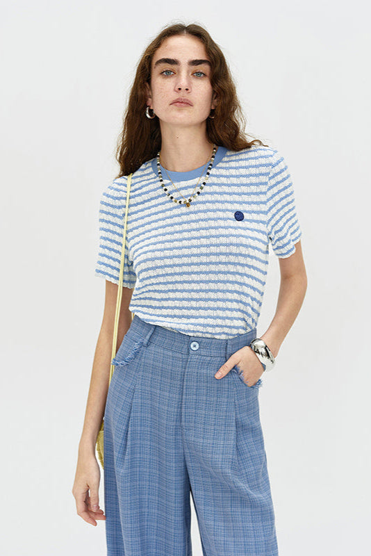 SELFWHO Short Sleeve Blue Striped Top