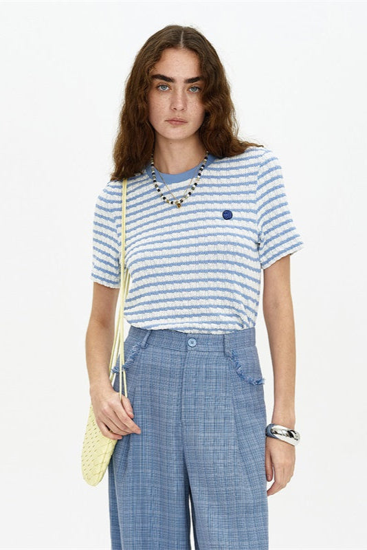 SELFWHO Short Sleeve Blue Striped Top