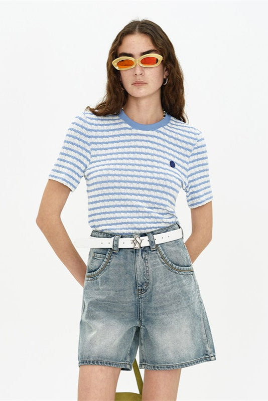 SELFWHO Short Sleeve Blue Striped Top