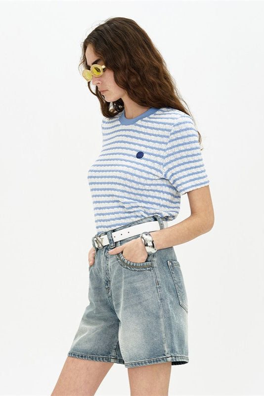 SELFWHO Short Sleeve Blue Striped Top