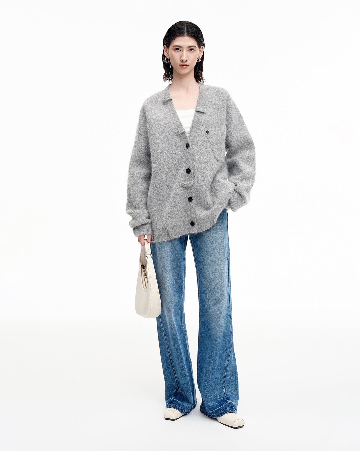 Angora rabbit hair and wool blend gray V-neck knitted cardigan