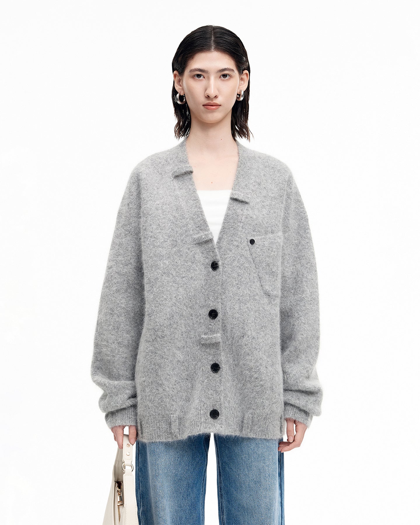 Angora rabbit hair and wool blend gray V-neck knitted cardigan