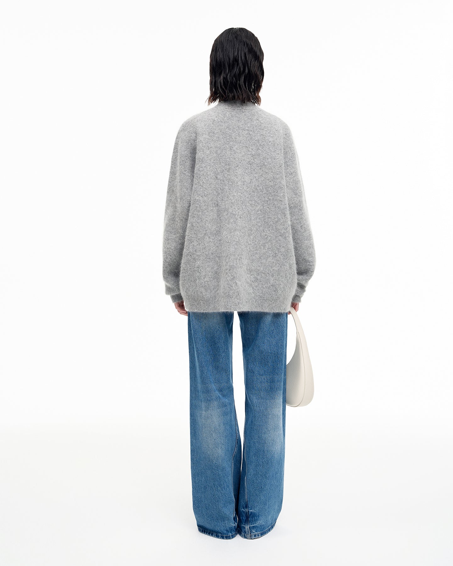 Angora rabbit hair and wool blend gray V-neck knitted cardigan