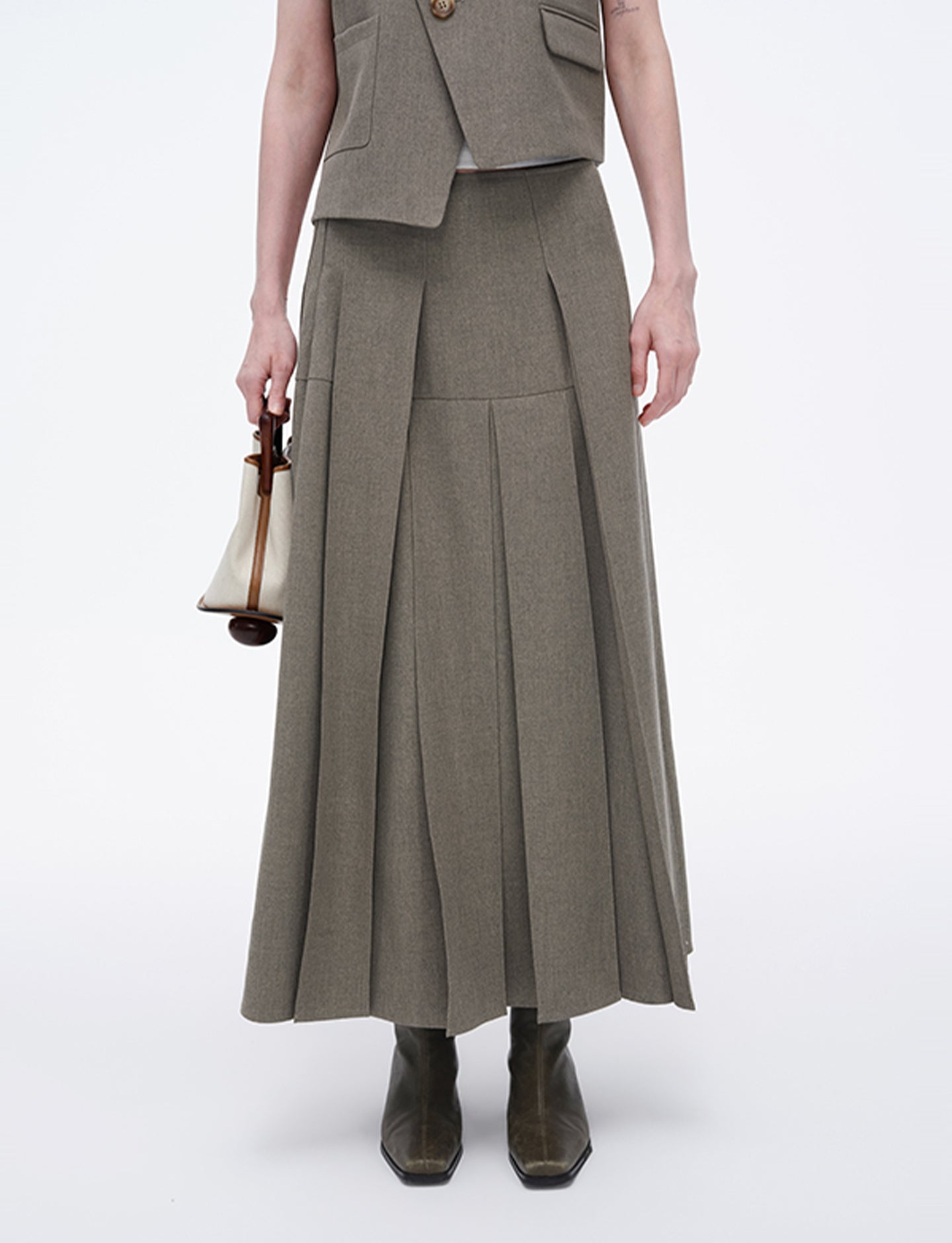 High Waist Casual Half-Length Pleated Skirt+Vest