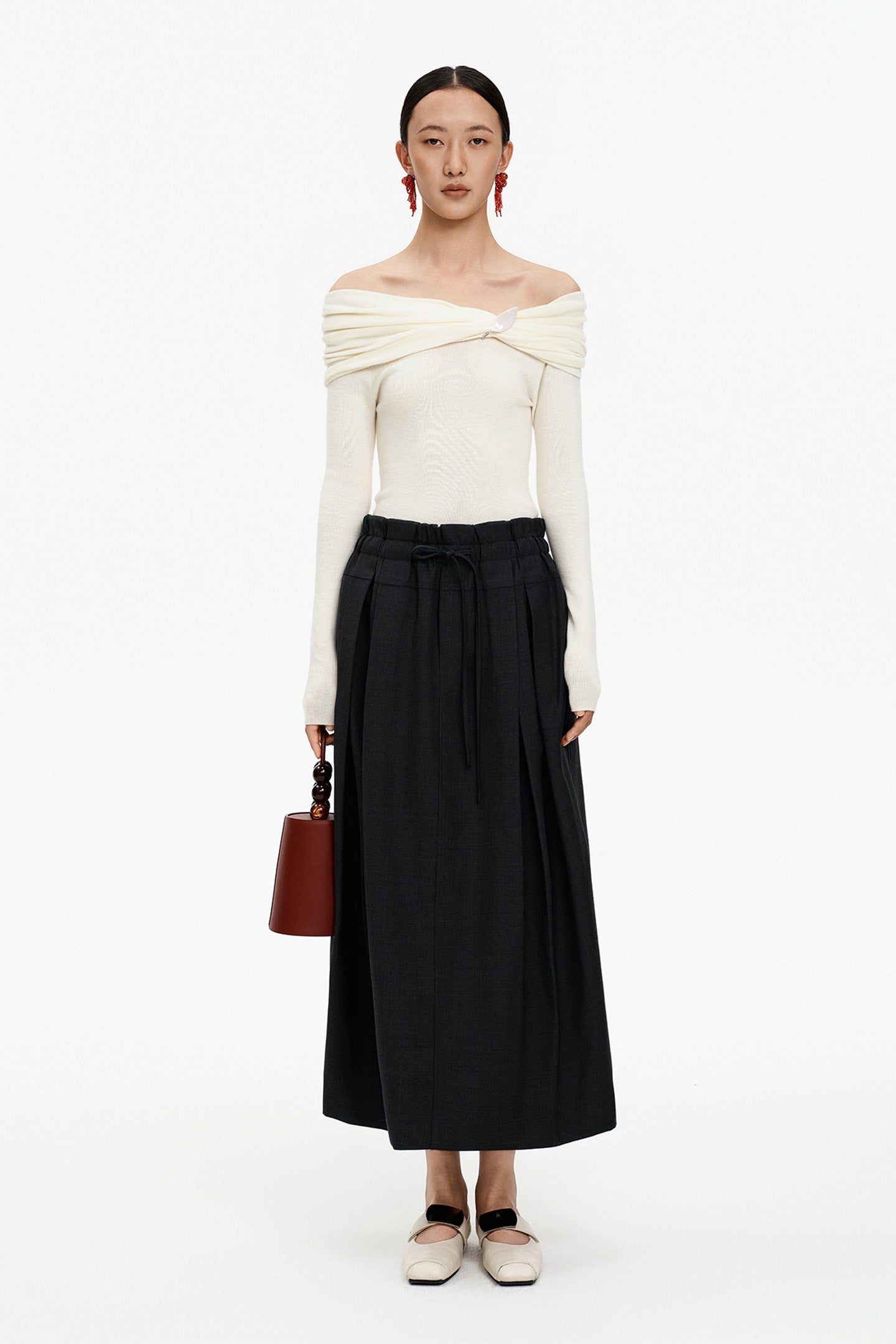 Wool-Blend Pencil Skirt with Wide Waistband and Drawstring