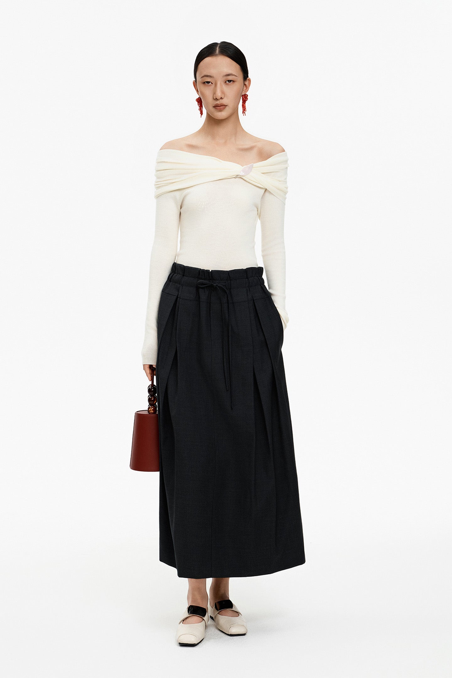 Wool-Blend Pencil Skirt with Wide Waistband and Drawstring
