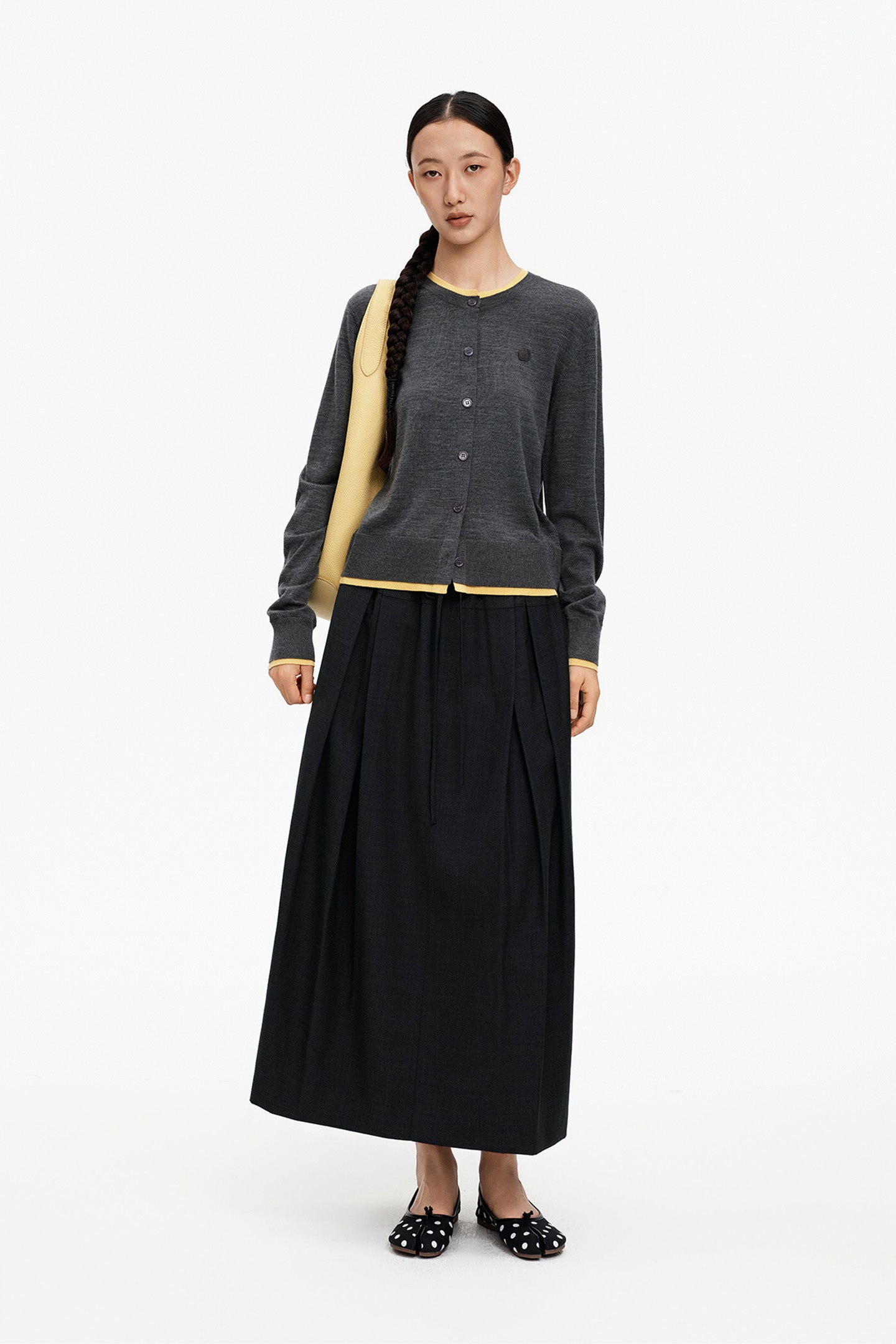 Wool-Blend Pencil Skirt with Wide Waistband and Drawstring