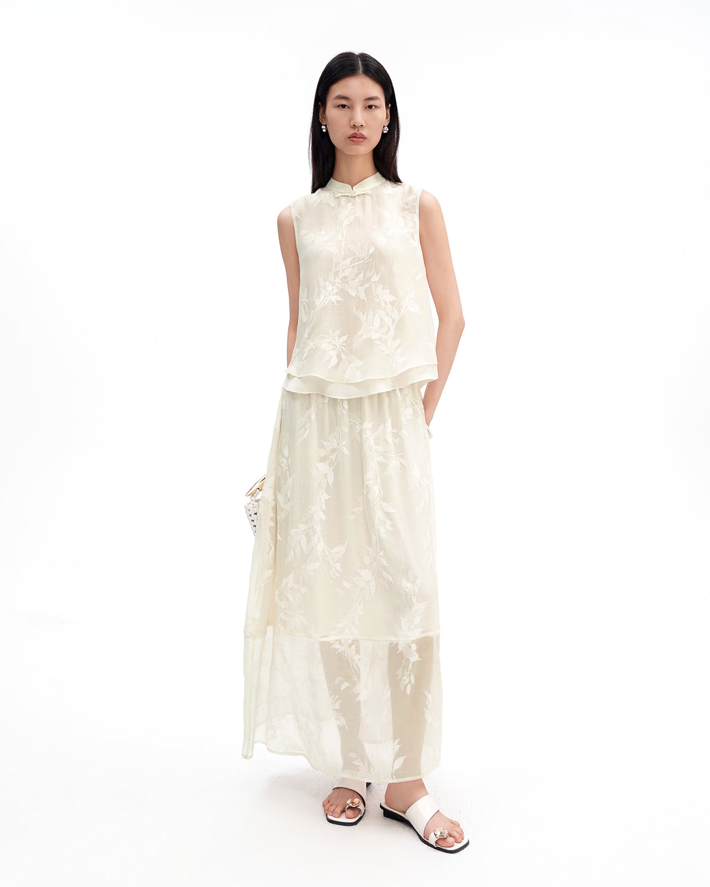 New Chinese-Style Willow Print Cocoon Silhouette — Dress & Vest Set