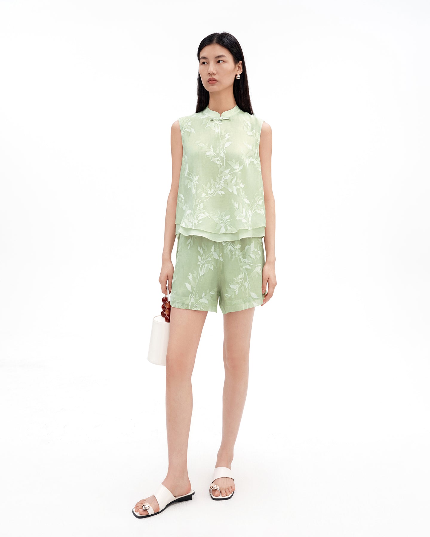 New Chinese-Style Willow Print Cocoon Silhouette — Dress & Vest Set