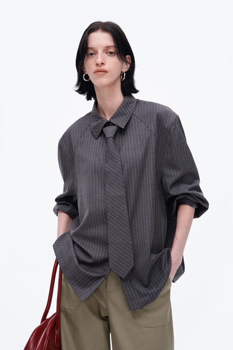 SELFWHO Sheep Wool Blend Grey Striped Shirt