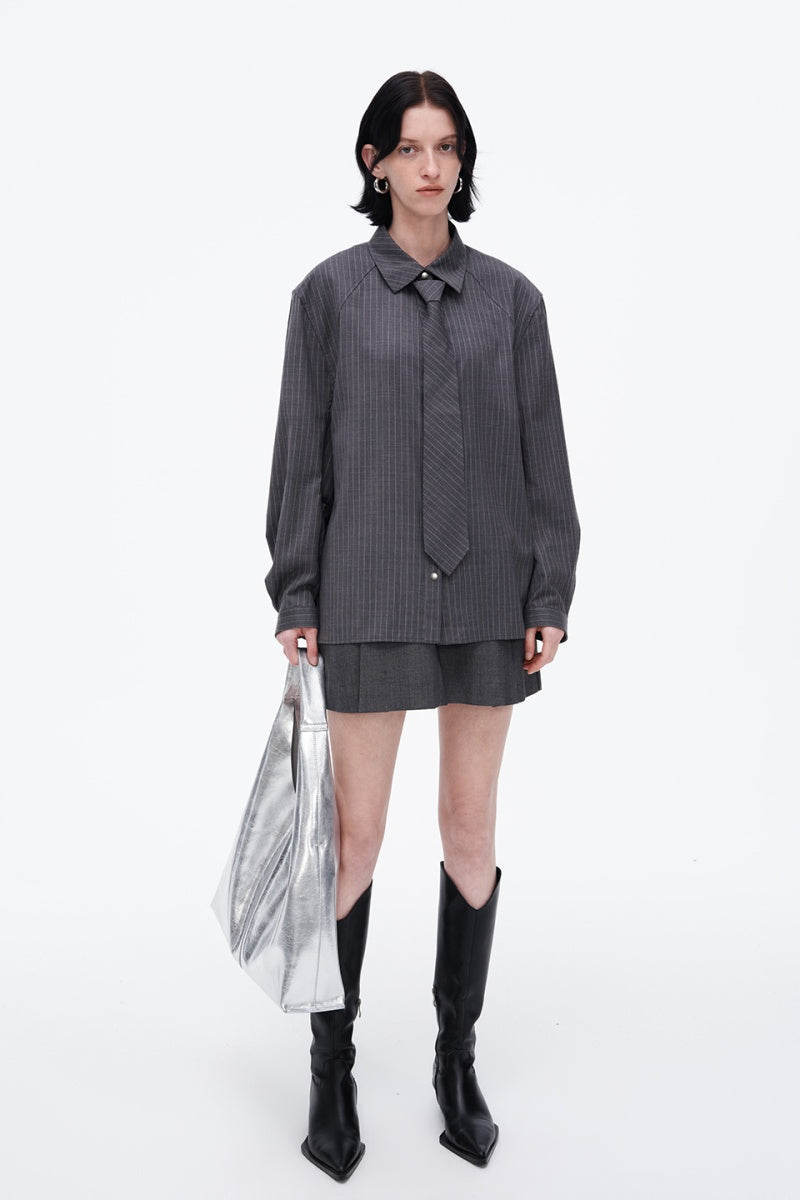 SELFWHO Sheep Wool Blend Grey Striped Shirt