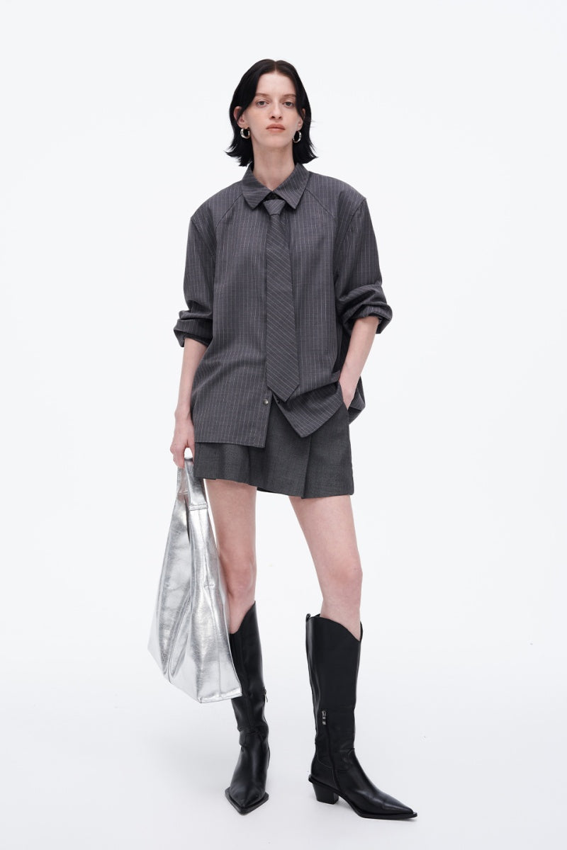 SELFWHO Sheep Wool Blend Grey Striped Shirt