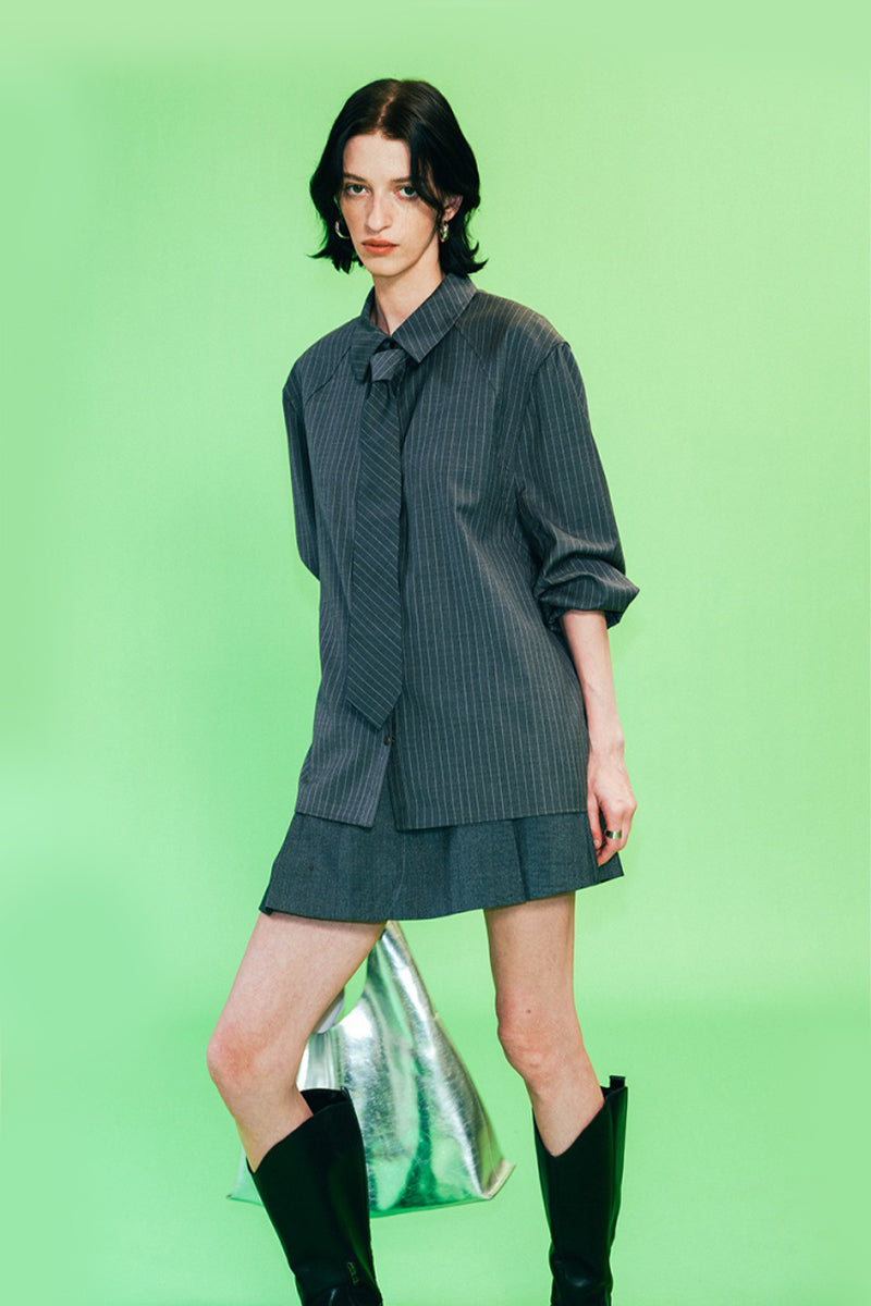 SELFWHO Sheep Wool Blend Grey Striped Shirt