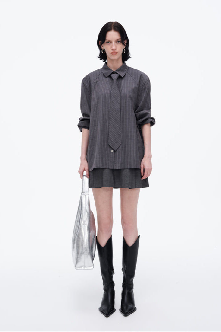 SELFWHO Sheep Wool Blend Grey Striped Shirt