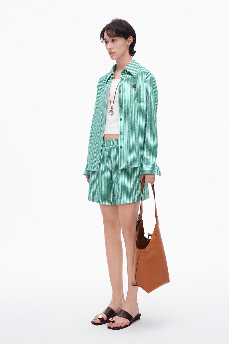 SELFWHO Linen Blend Green Striped Lapel Shirt