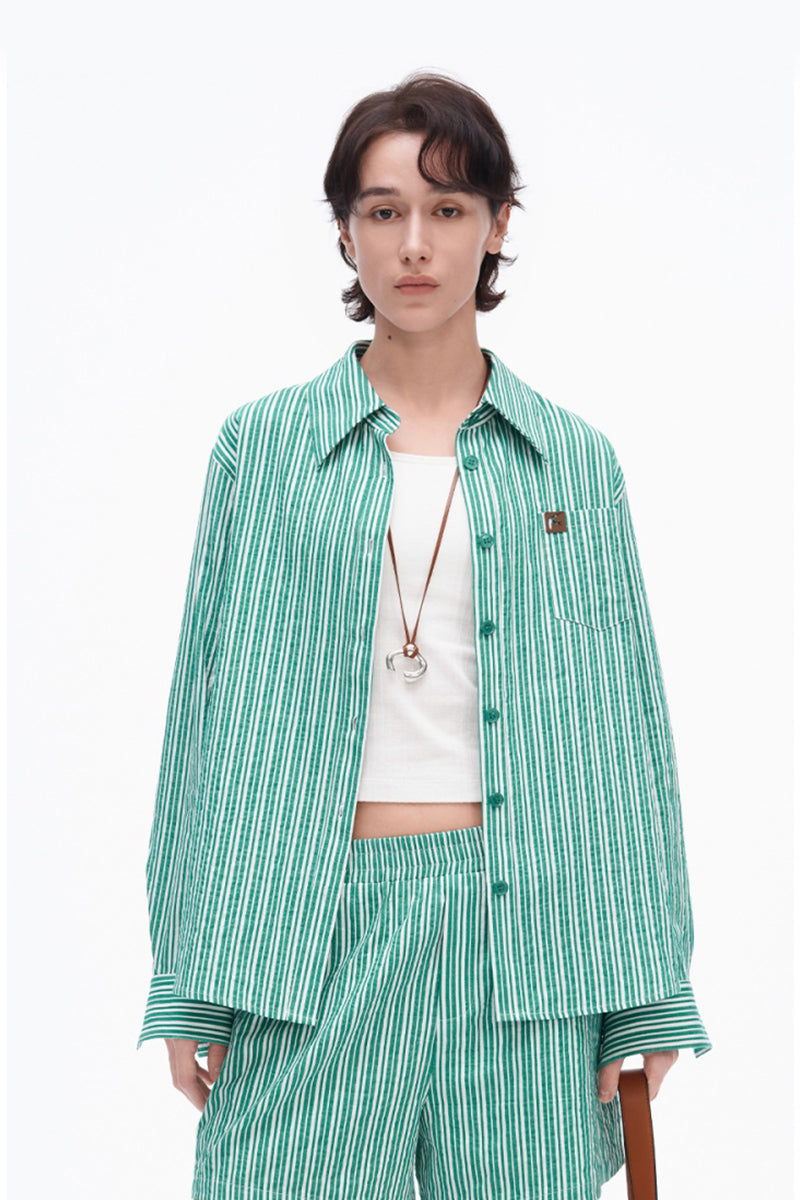 SELFWHO Linen Blend Green Striped Lapel Shirt