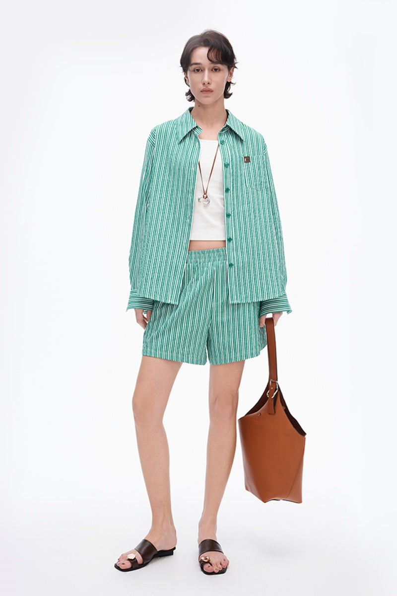 SELFWHO Linen Blend Green Striped Lapel Shirt