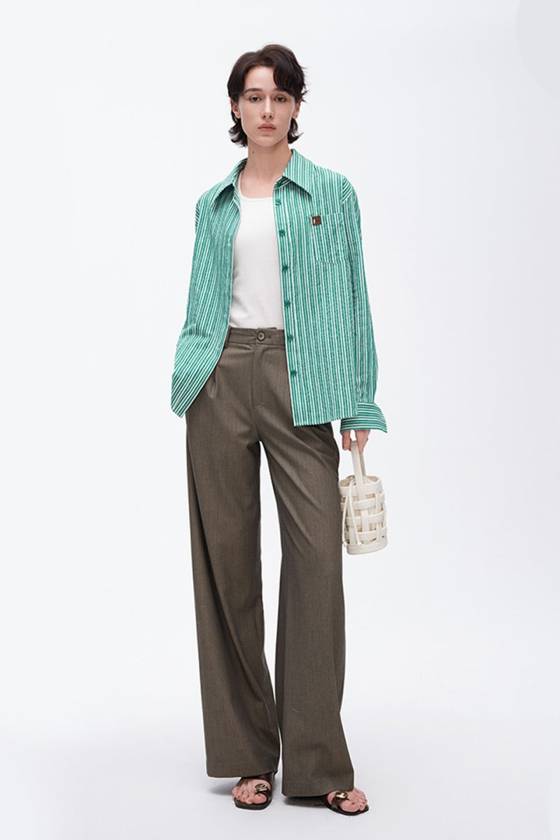 SELFWHO Linen Blend Green Striped Lapel Shirt