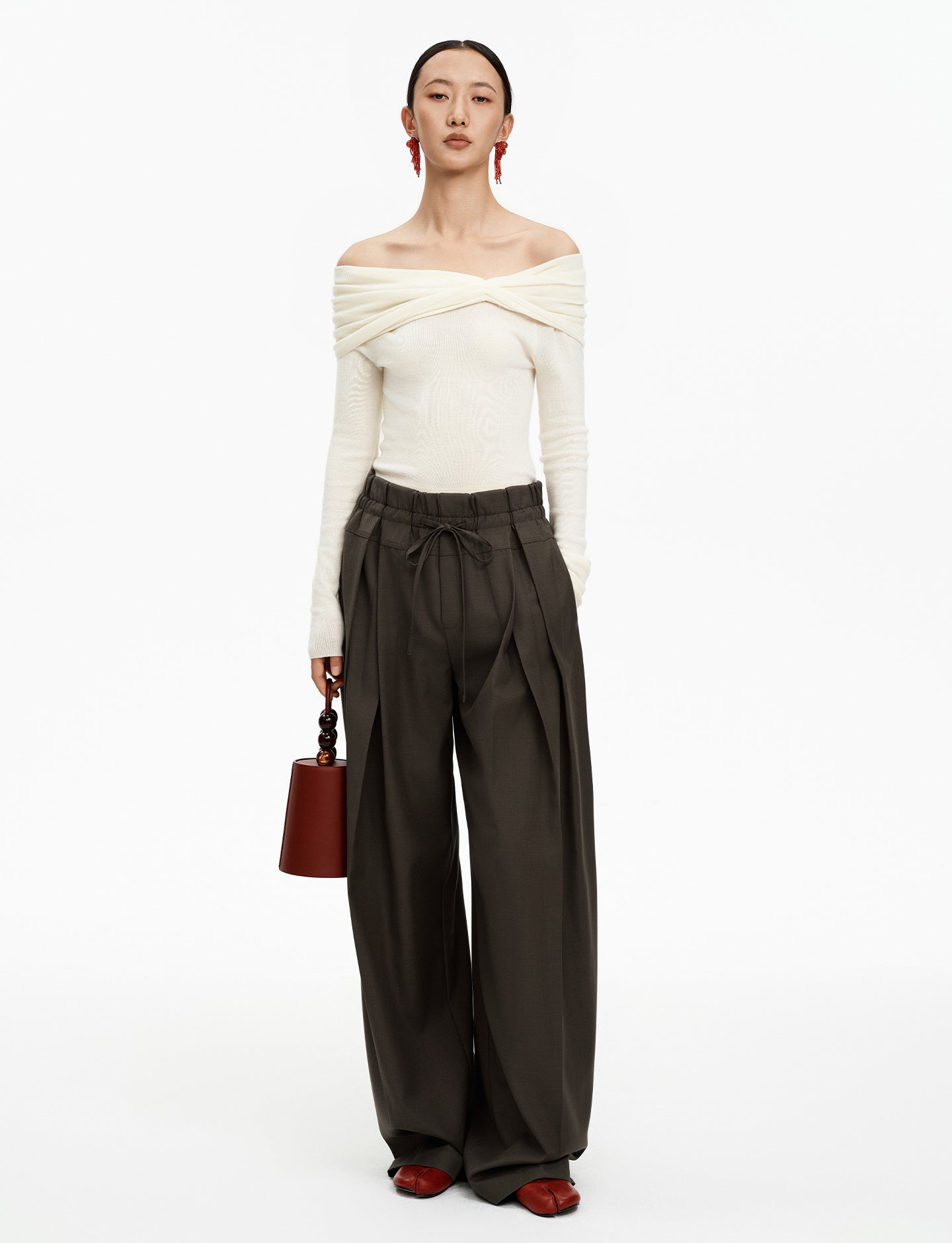 Merino wool blend drawstring casual pants