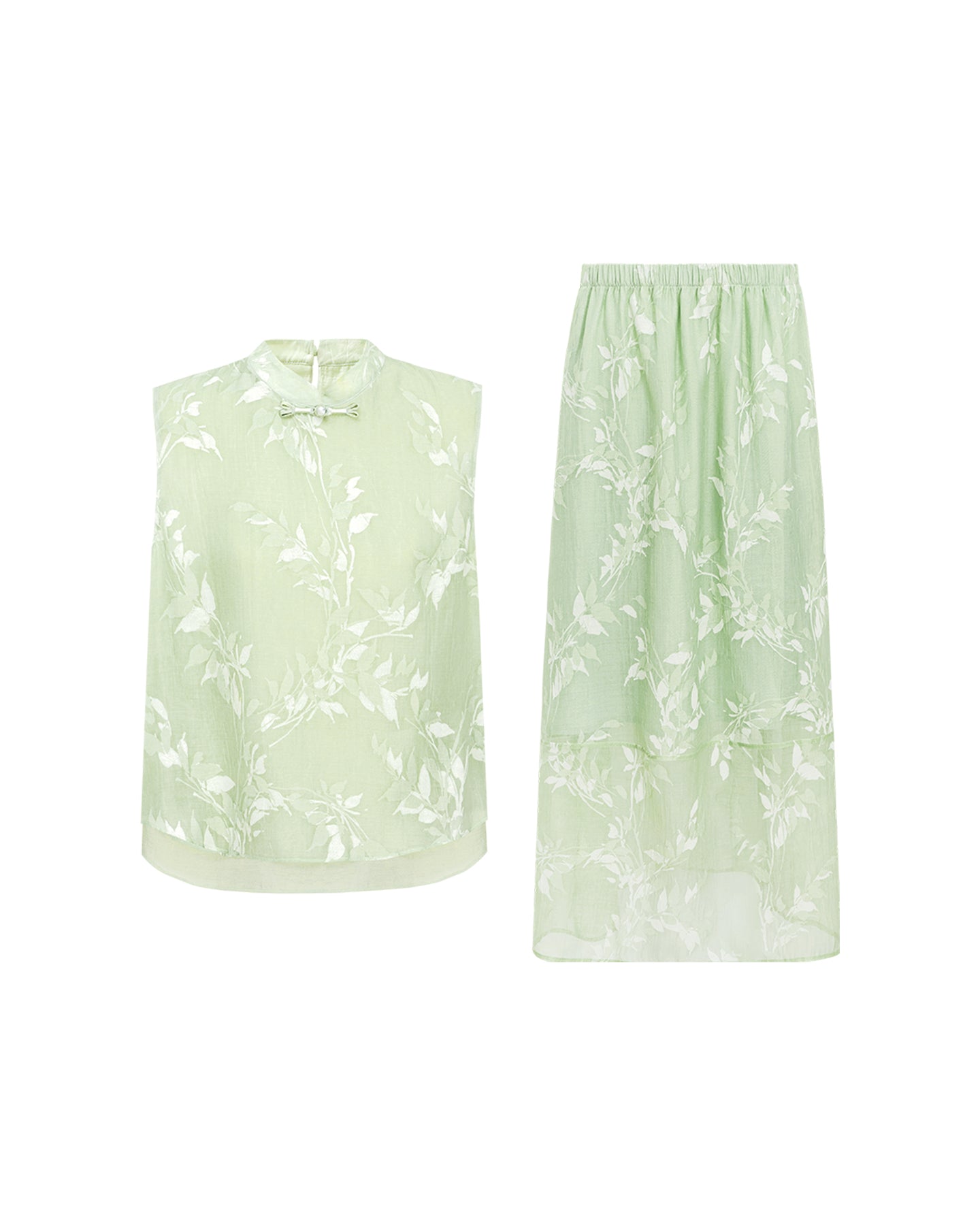 New Chinese-Style Willow Print Cocoon Silhouette — Dress & Vest Set