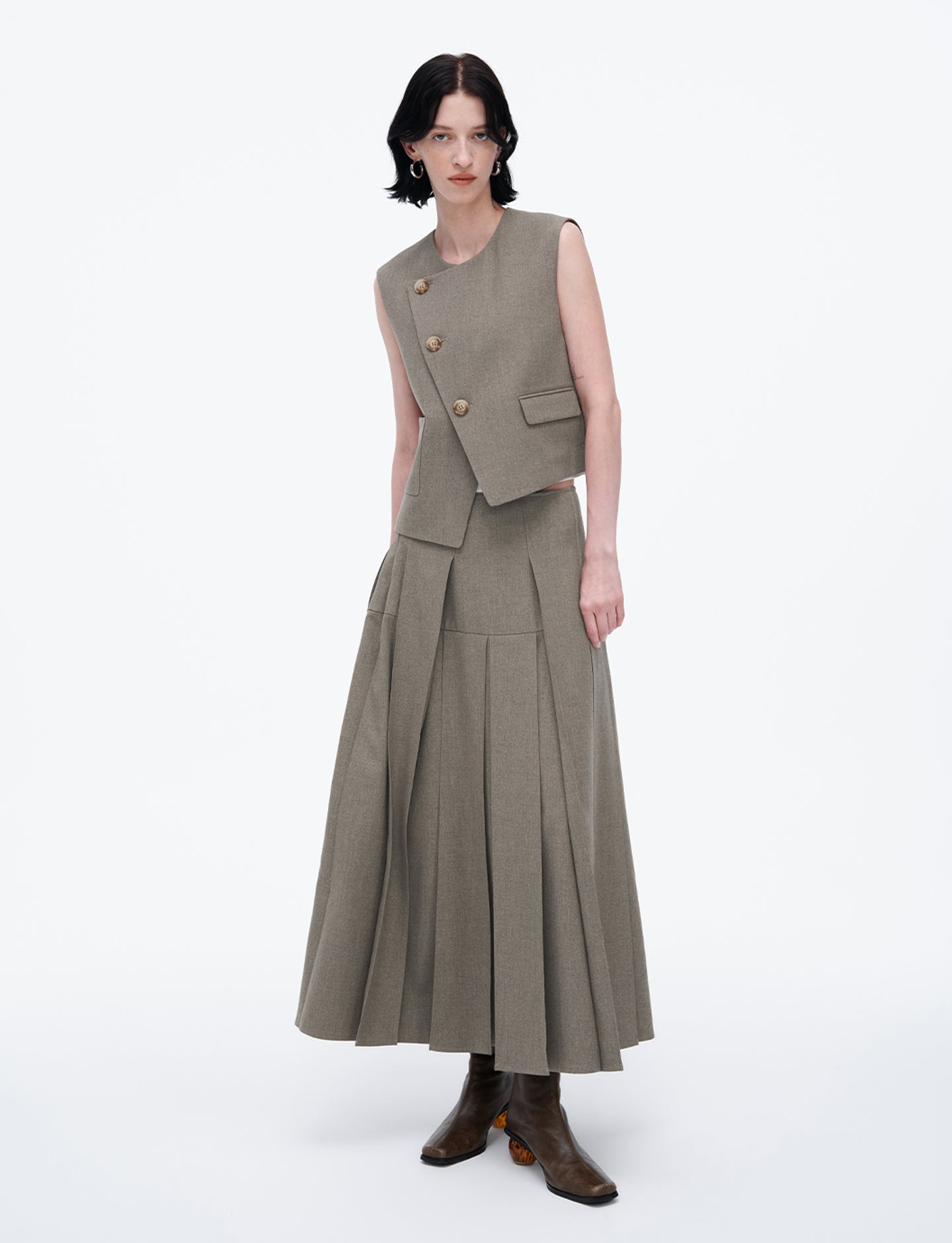 High Waist Casual Half-Length Pleated Skirt+Vest