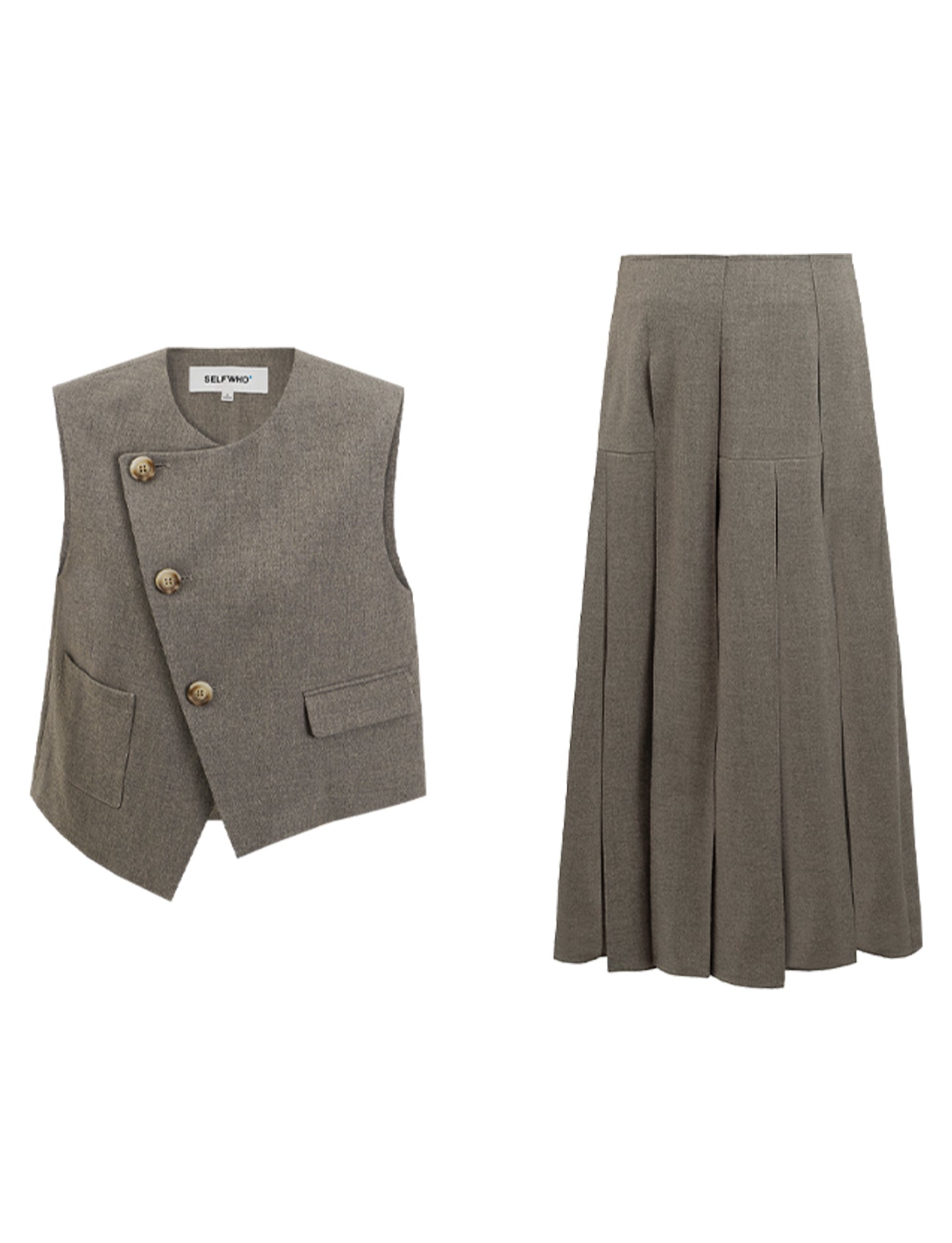 High Waist Casual Half-Length Pleated Skirt+Vest