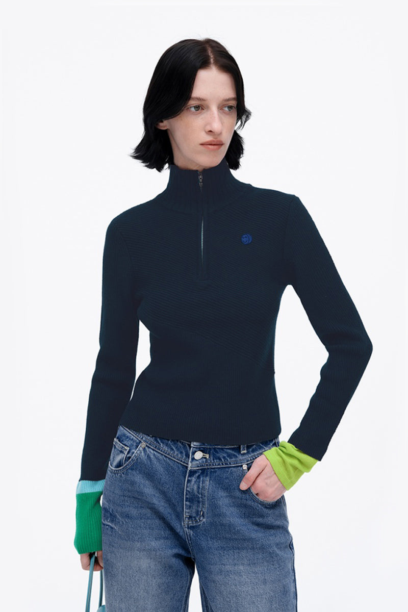 SELFWHO Wool Blend Half Turtleneck Zip-UP Sweater