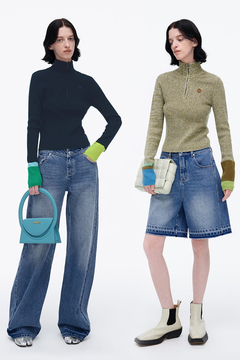 SELFWHO Wool Blend Half Turtleneck Zip-UP Sweater
