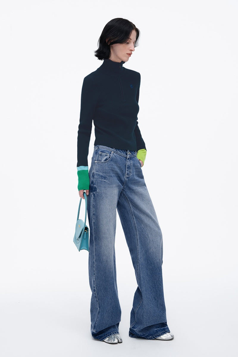 SELFWHO Wool Blend Half Turtleneck Zip-UP Sweater