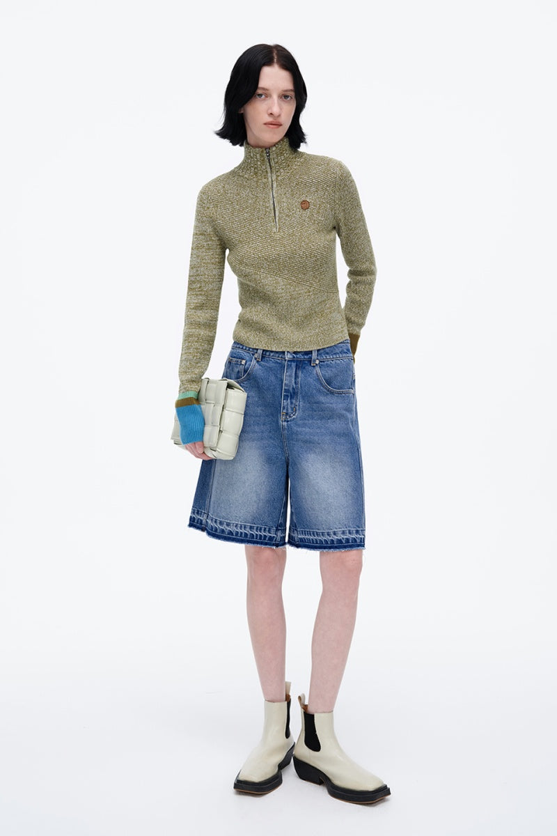 SELFWHO Wool Blend Half Turtleneck Zip-UP Sweater